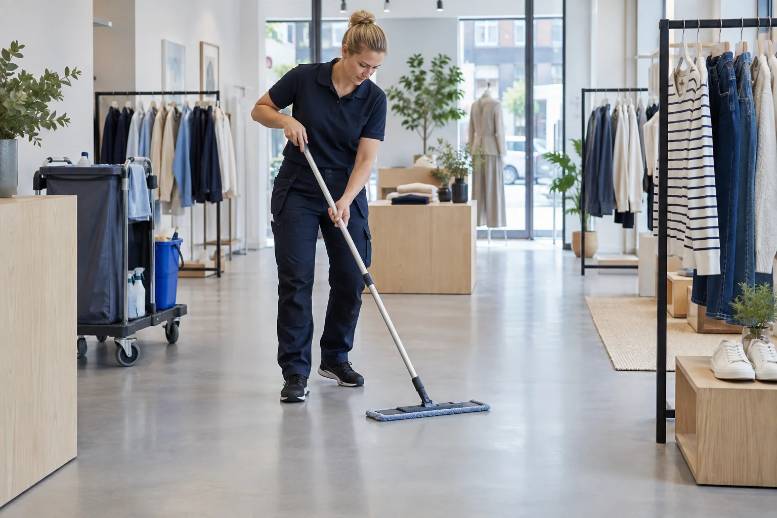 Gulvrengøring i en butik før åbning