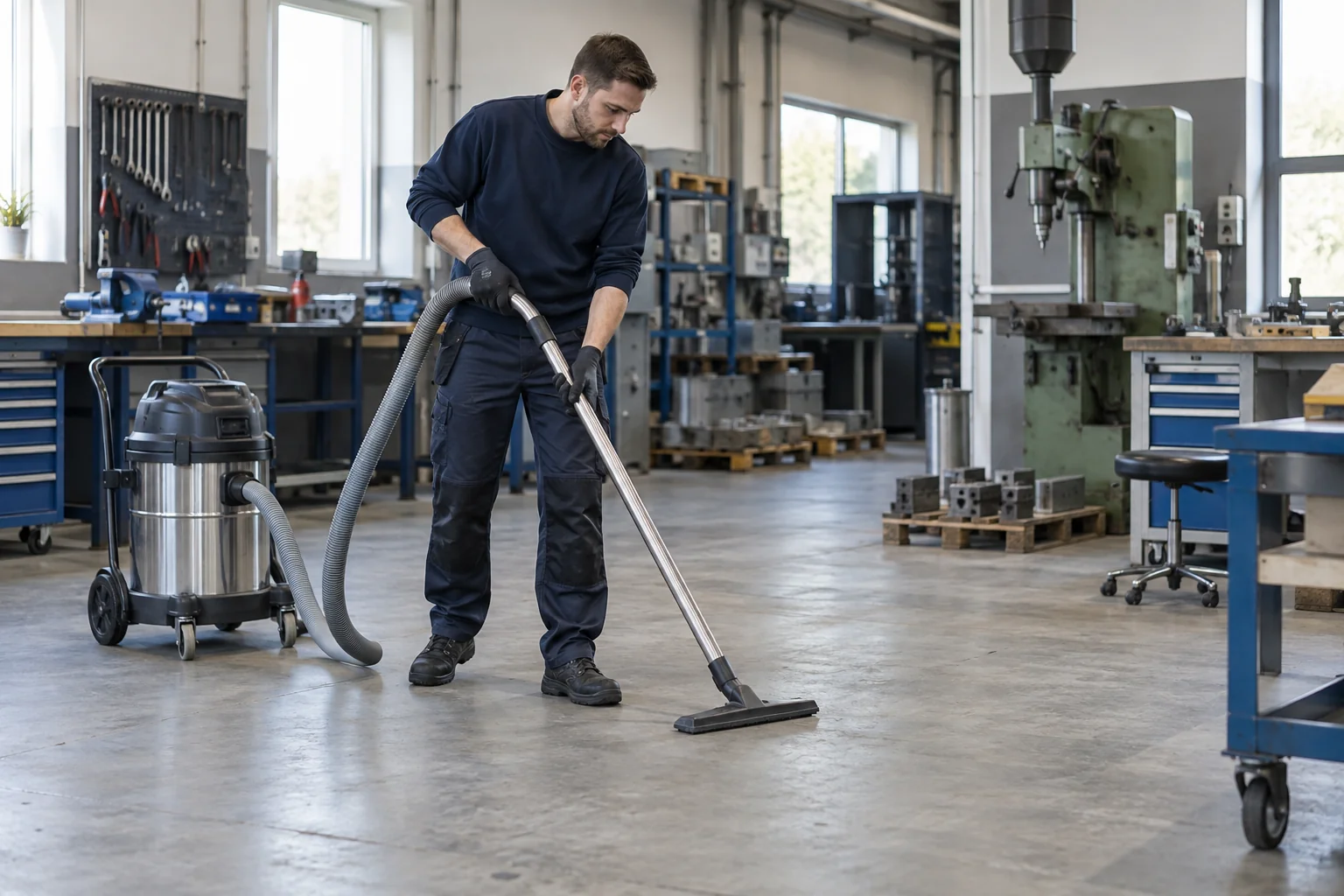 Rengøring med industristøvsuger i et værksted