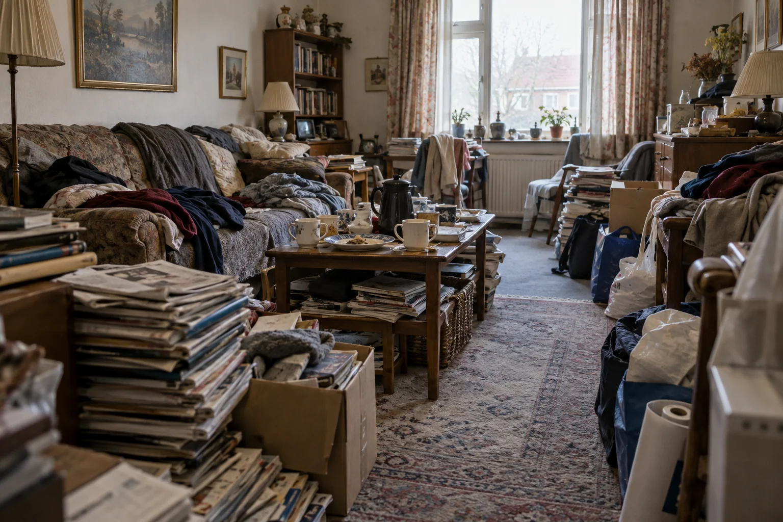 Hjem med ophobede ting og behov for rengøring og oprydning