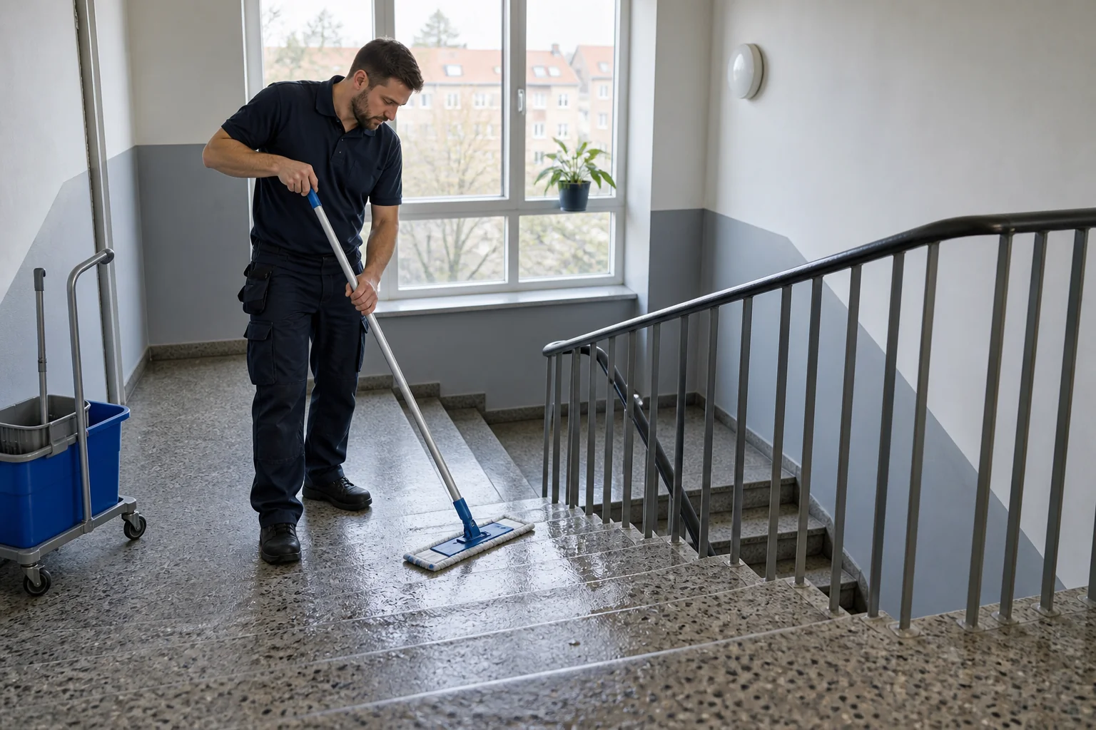 Trappevask i en opgang med terrazzogulv